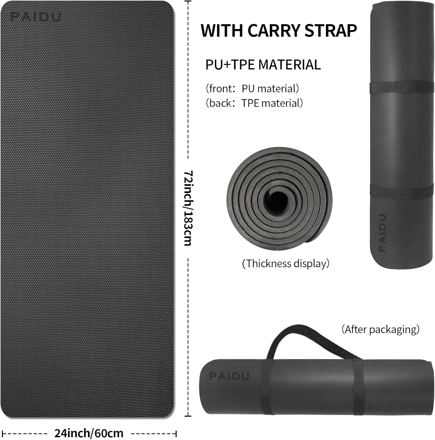 PIDO oga Mat Anti-slip, PU+TPE Upgraded Material, Anti-tear Black Professional Yoga Mat Black