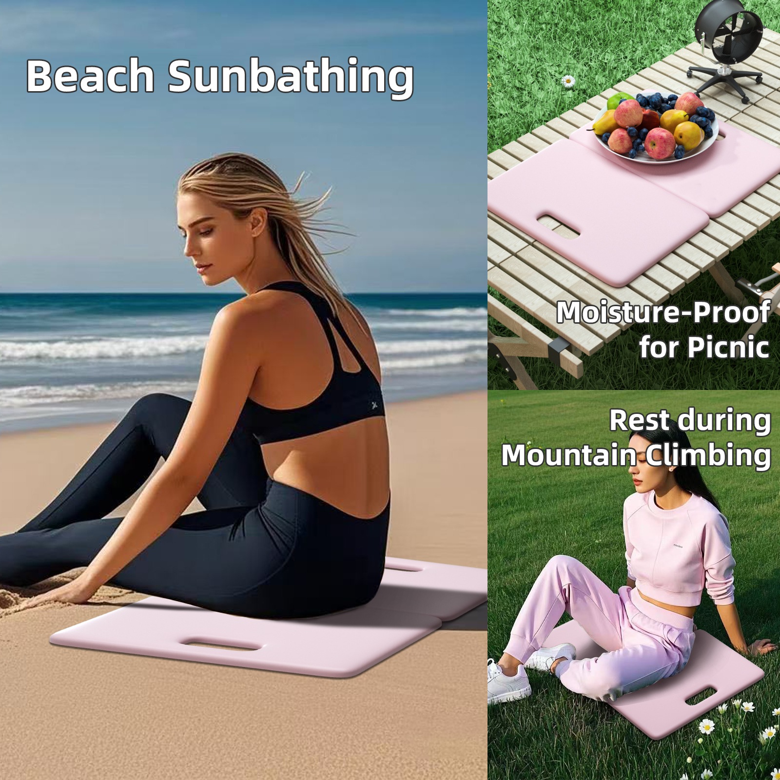 PIDO POE material two folding yoga mat non-slip shock absorption outdoor portable folding mat Pink