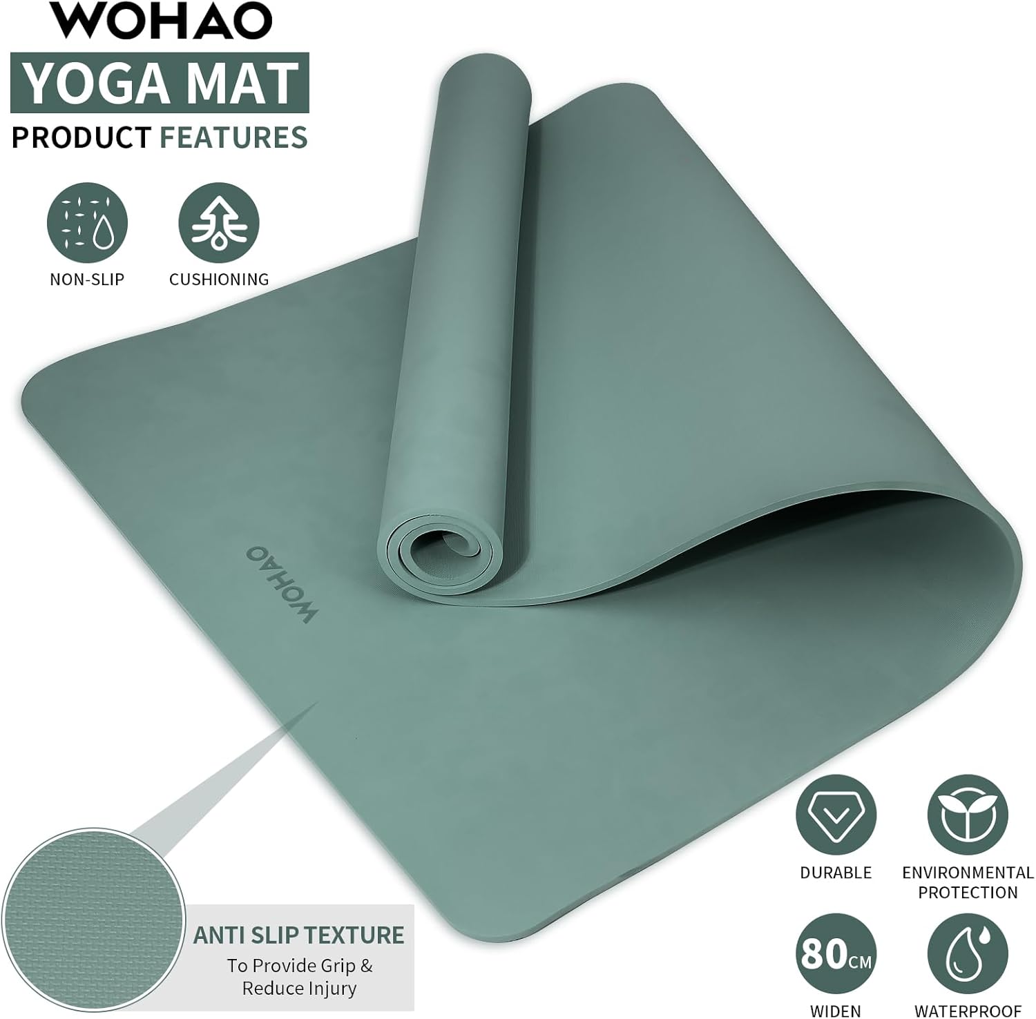 PIDO Non-Slip Yoga Mat,Durable with Carrying Strap for Yoga, Pilates, Home Gym Dark Green