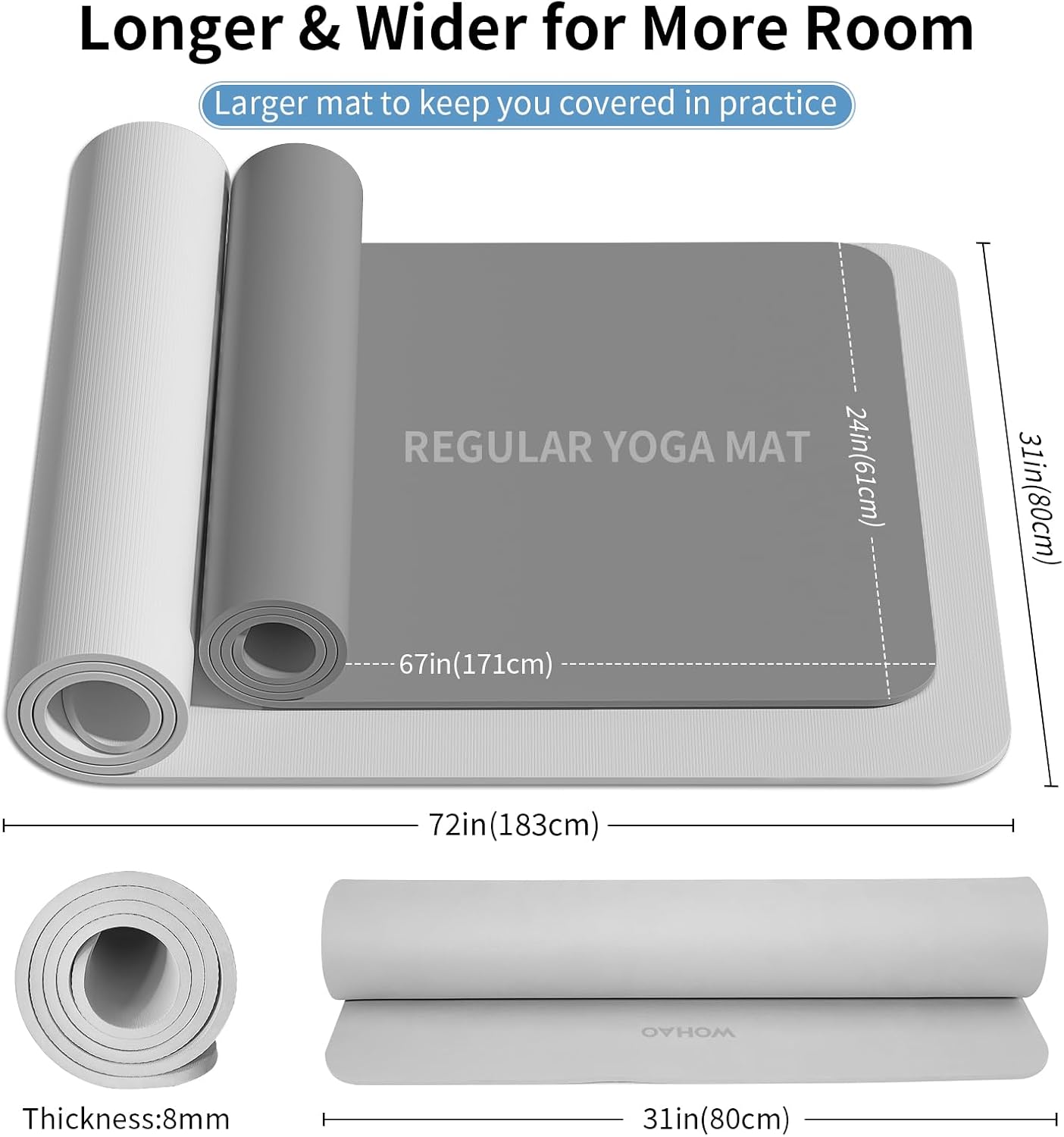 PIDO Non-Slip Yoga Mat,Durable with Carrying Strap for Yoga, Pilates, Home Gym Grey