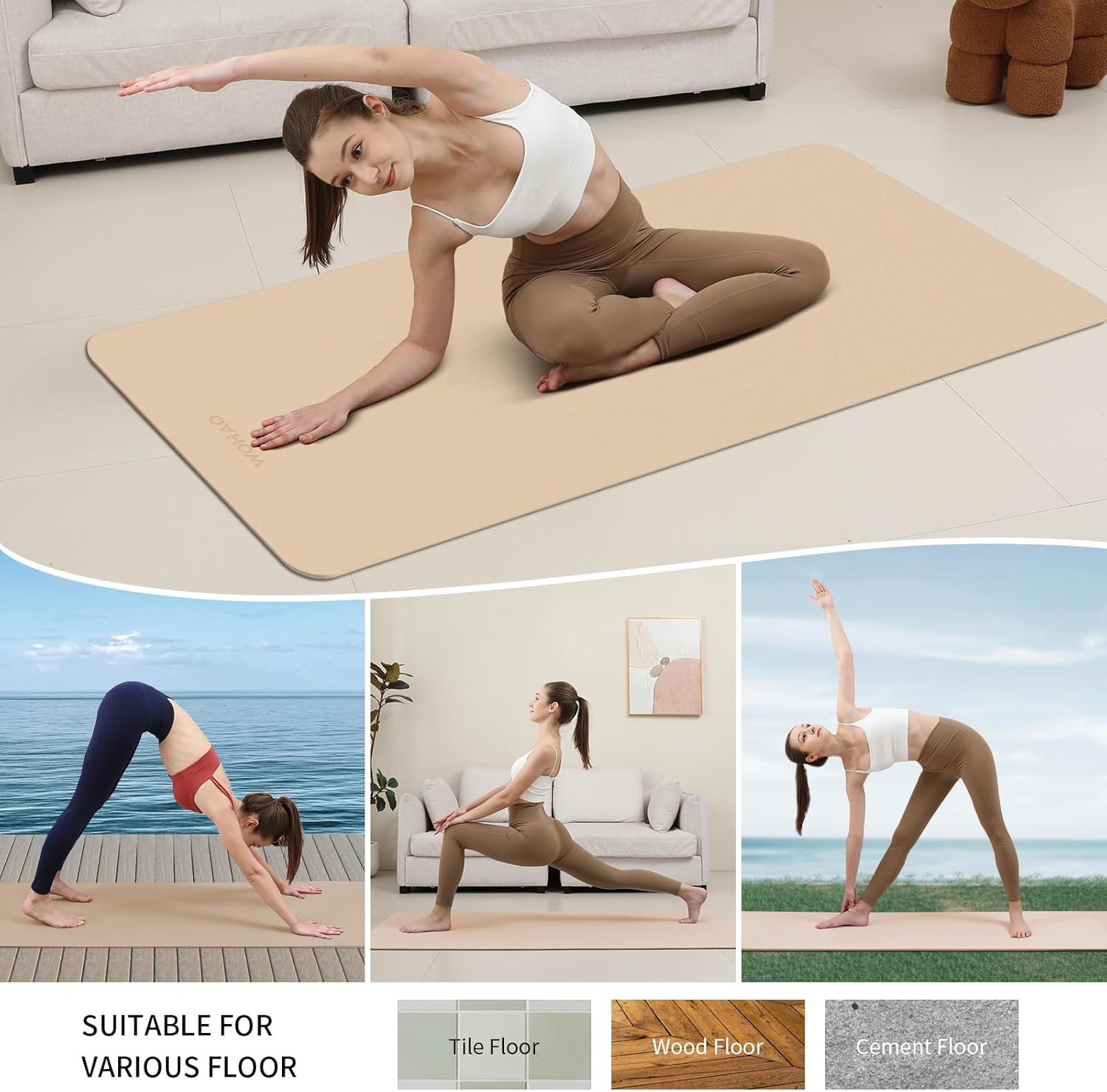 PIDO Non-Slip Yoga Mat,Durable with Carrying Strap for Yoga, Pilates, Home Gym Milk coffee color