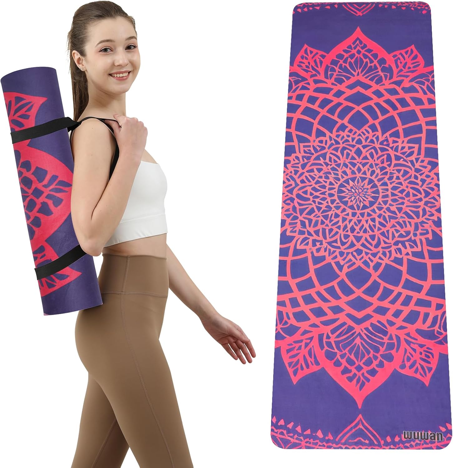 Hot Yoga Mat Printed, Thick 6mm Non Slip Suede tpe yoga Mat with Strap for Women Men Yoga, Pilates, Exercise, Fitness, Floor, Workouts Rose Mandala