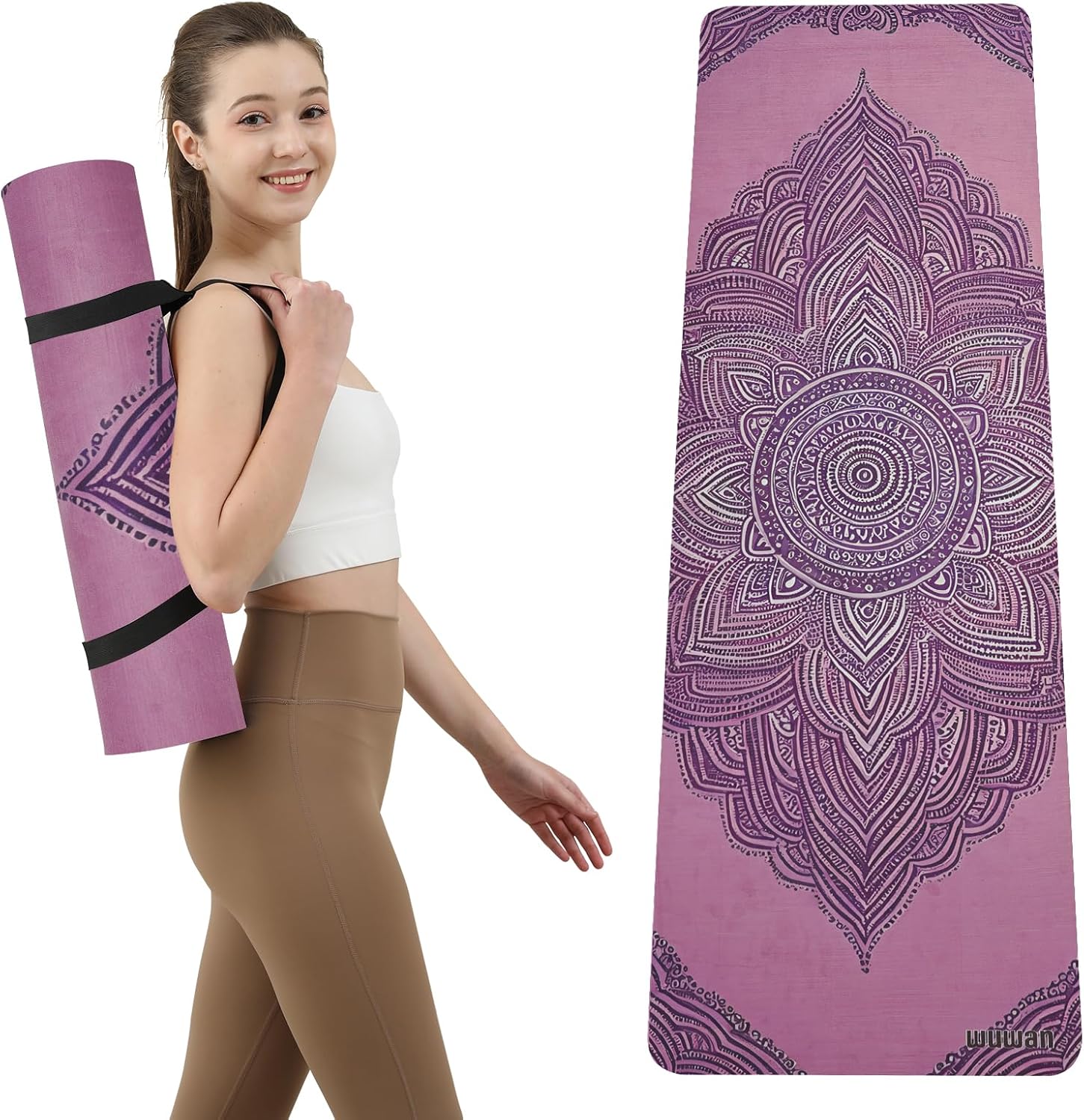 Hot Yoga Mat Printed, Thick 6mm Non Slip Suede tpe yoga Mat with Strap for Women Men Yoga, Pilates, Exercise, Fitness, Floor, Workouts Pink Vines & Purple Flowers