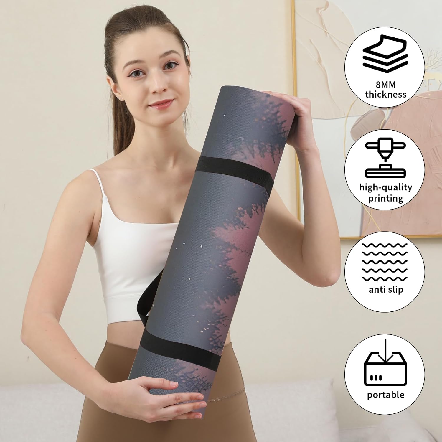 Non Slip Yoga Mat Thick POE Material High Rebound,Suitable for Yoga, Pilates, Fitness, and More, Provides Superior Cushioning Carrying Strap